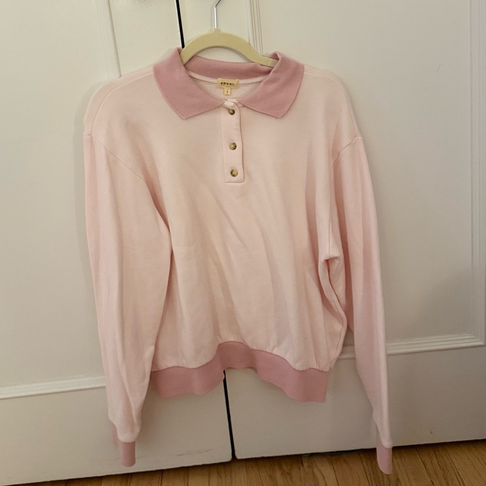 DONNI Lightweight Fleece Henley Sweatshirt – Light Pink (Size S)